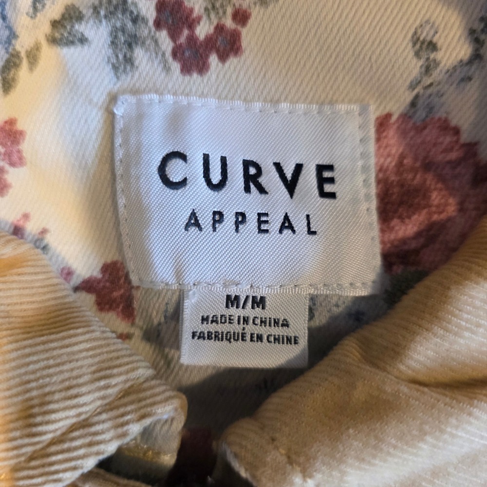 Curve Appeal Floral Denim Jacket Tan Corduroy Collar Pink Rose Print Medium - Picture 2 of 4